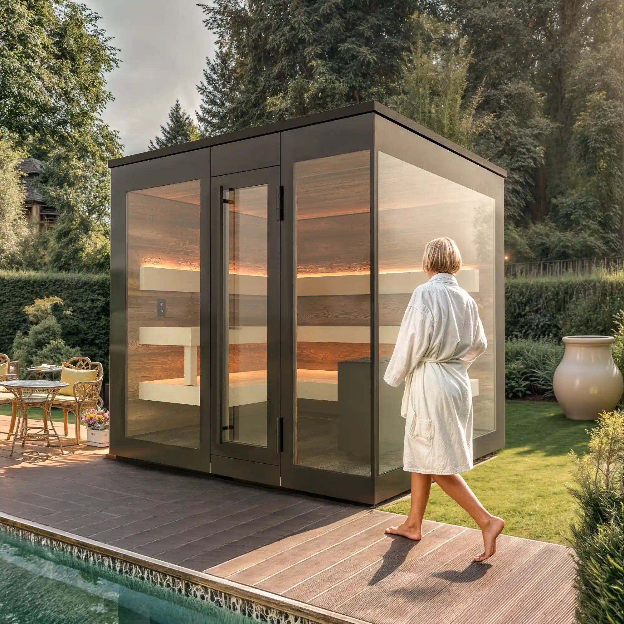 Aussensauna für jeden Aussenbereich, das ganze Jahr nutzbar