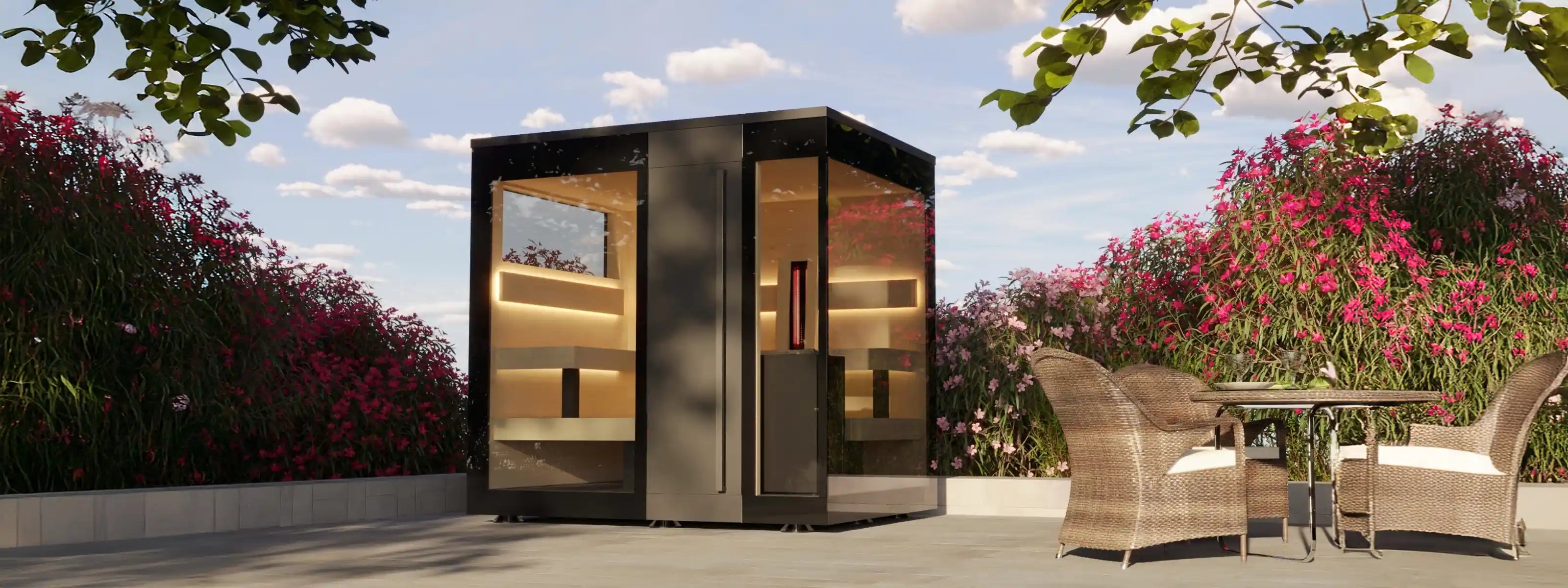 Gartensauna Chalet mit hochwertiger Chalet-Fichte in Altholzoptik, Isolierverglasung, App-Steuerung, LED-Beleuchtung und Thermo-Espe-Bänken – AZURA SPA & LIVING