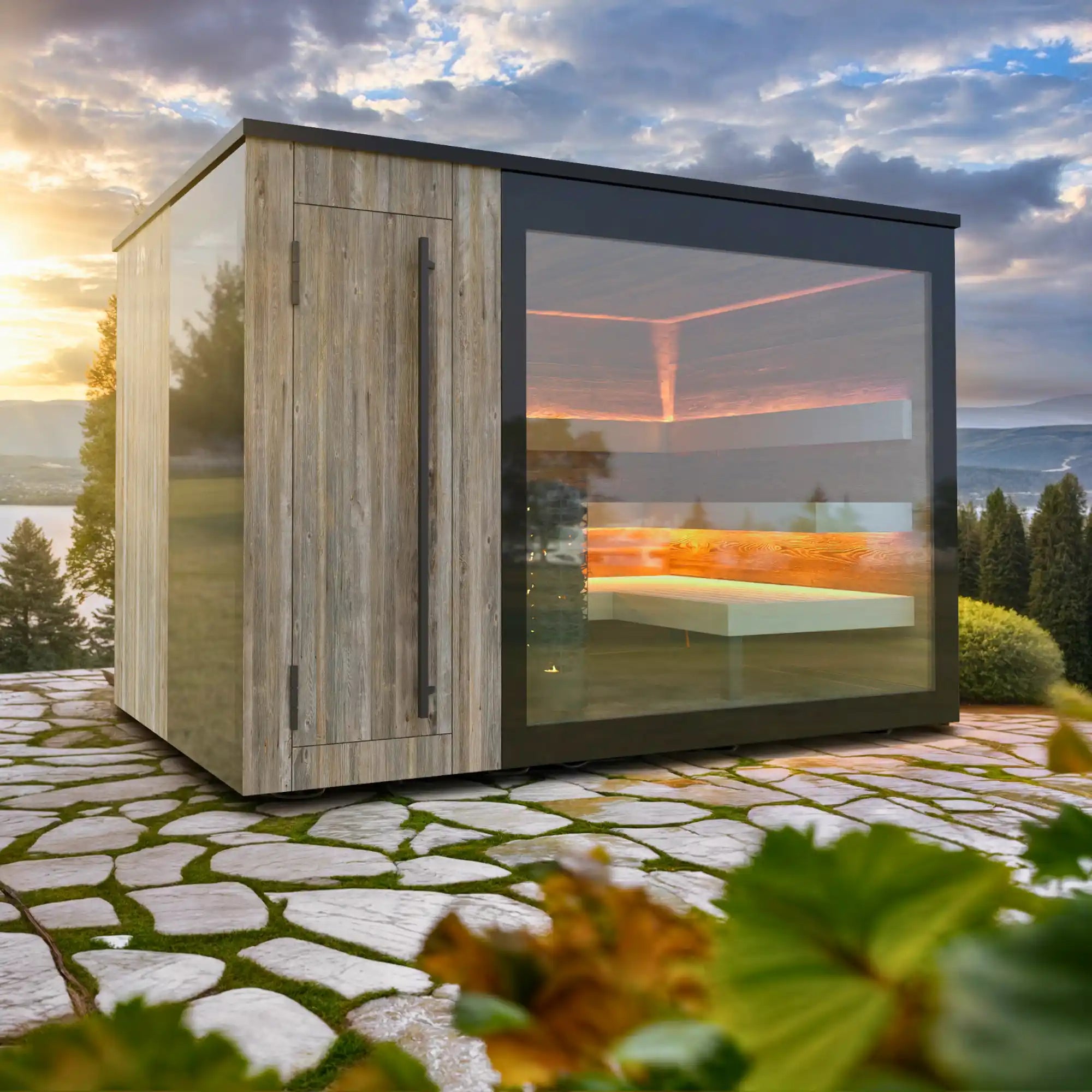 Gartensauna Chalet mit hochwertiger Chalet-Fichte in Altholzoptik, Isolierverglasung, App-Steuerung, LED-Beleuchtung und Thermo-Espe-Bänken – AZURA SPA & LIVING