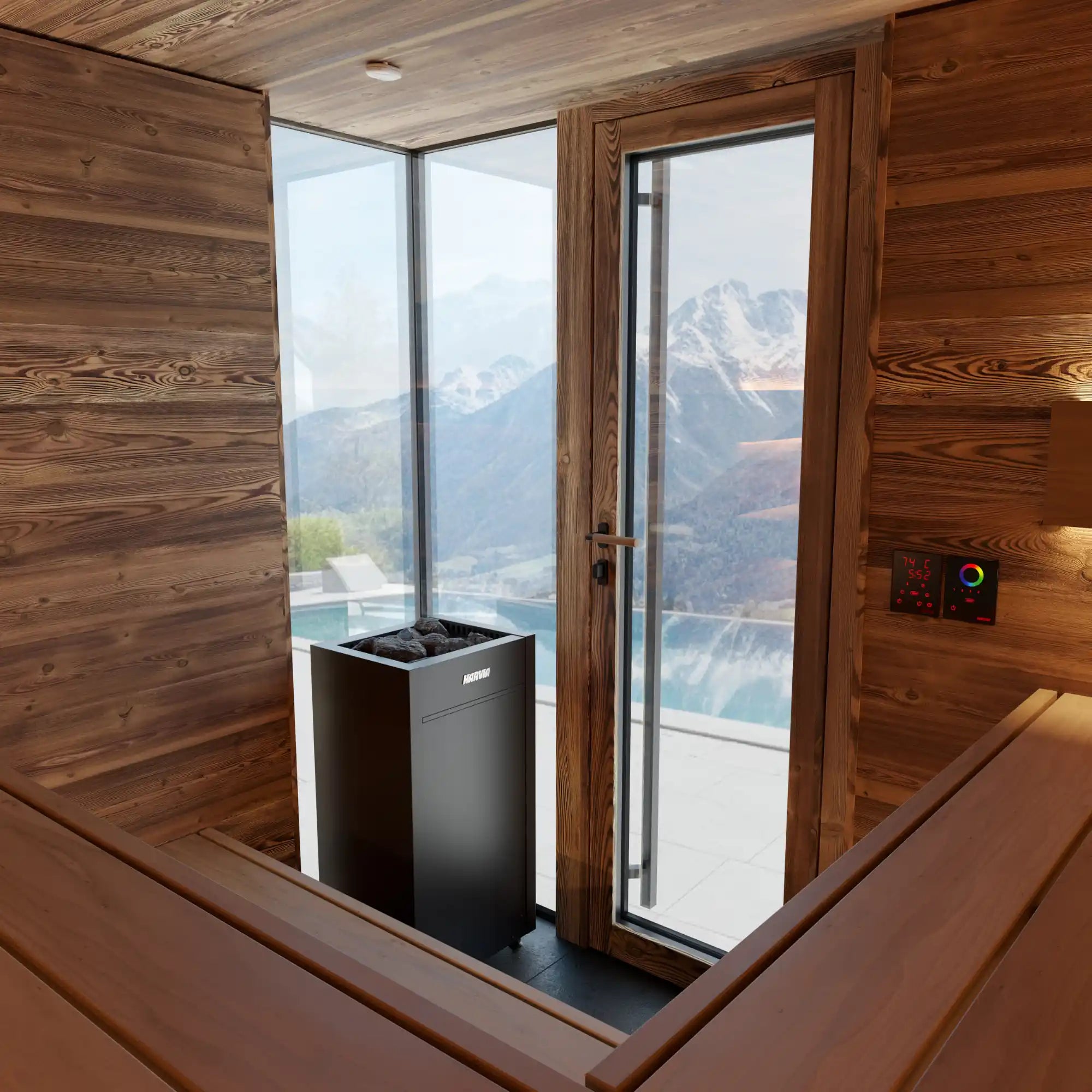 Gartensauna Chalet mit hochwertiger Chalet-Fichte in Altholzoptik, Isolierverglasung, App-Steuerung, LED-Beleuchtung und Thermo-Espe-Bänken – AZURA SPA & LIVING