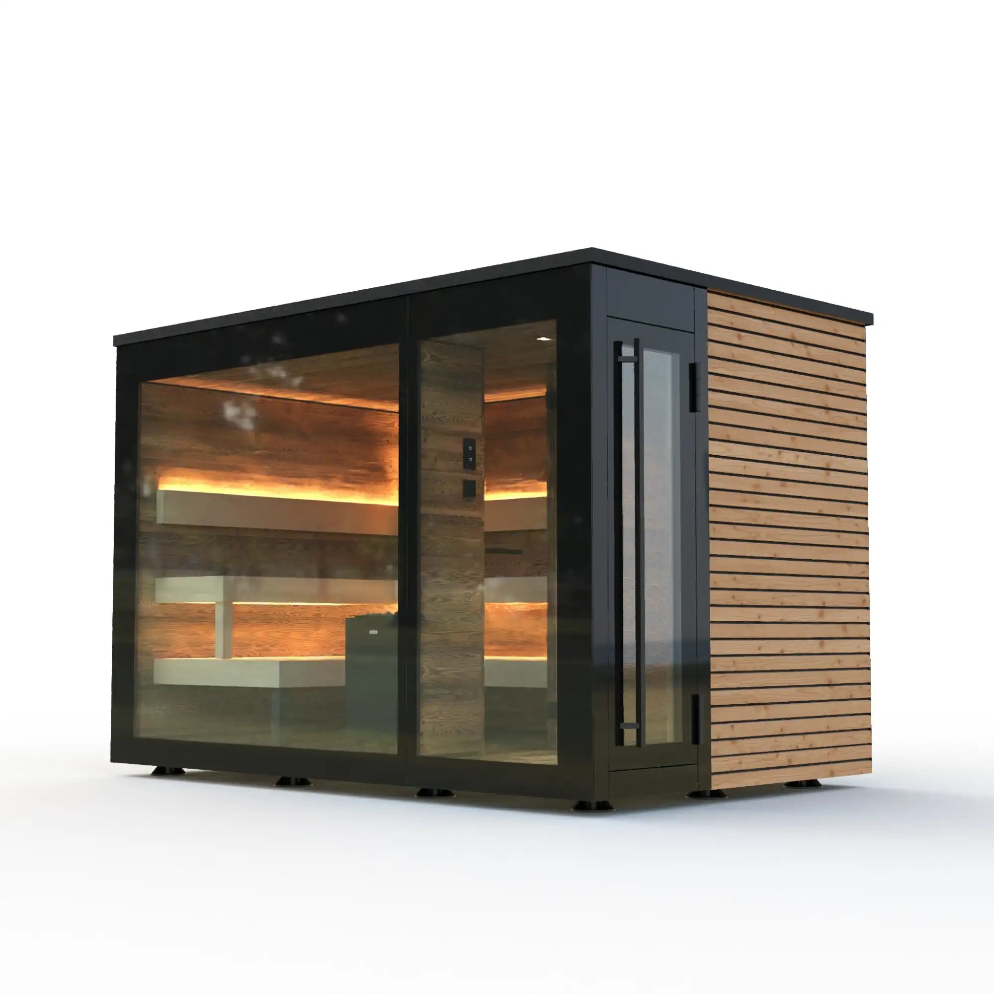 Gartensauna Chalet mit hochwertiger Chalet-Fichte in Altholzoptik, Isolierverglasung, App-Steuerung, LED-Beleuchtung und Thermo-Espe-Bänken – AZURA SPA & LIVING