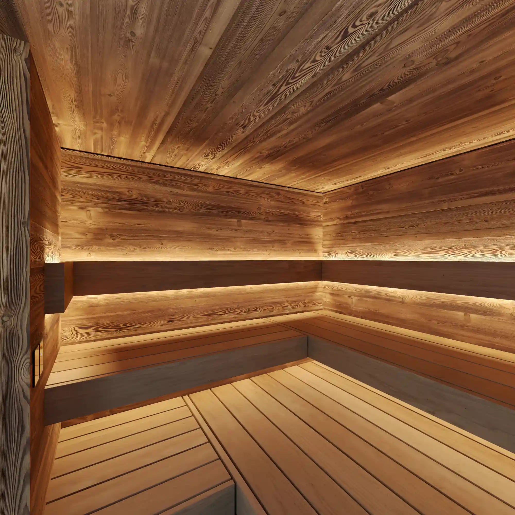 Gartensauna Chalet mit hochwertiger Chalet-Fichte in Altholzoptik, Isolierverglasung, App-Steuerung, LED-Beleuchtung und Thermo-Espe-Bänken – AZURA SPA & LIVING
