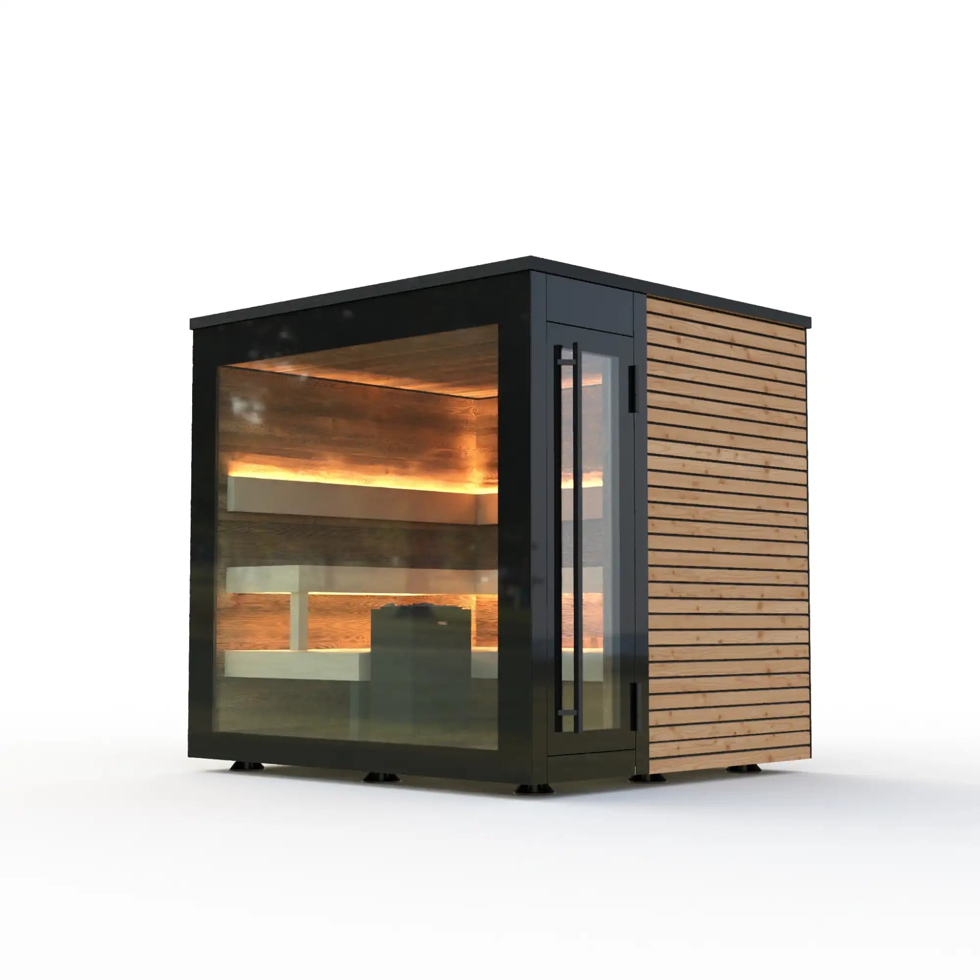 Gartensauna Chalet mit hochwertiger Chalet-Fichte in Altholzoptik, Isolierverglasung, App-Steuerung, LED-Beleuchtung und Thermo-Espe-Bänken – AZURA SPA & LIVING