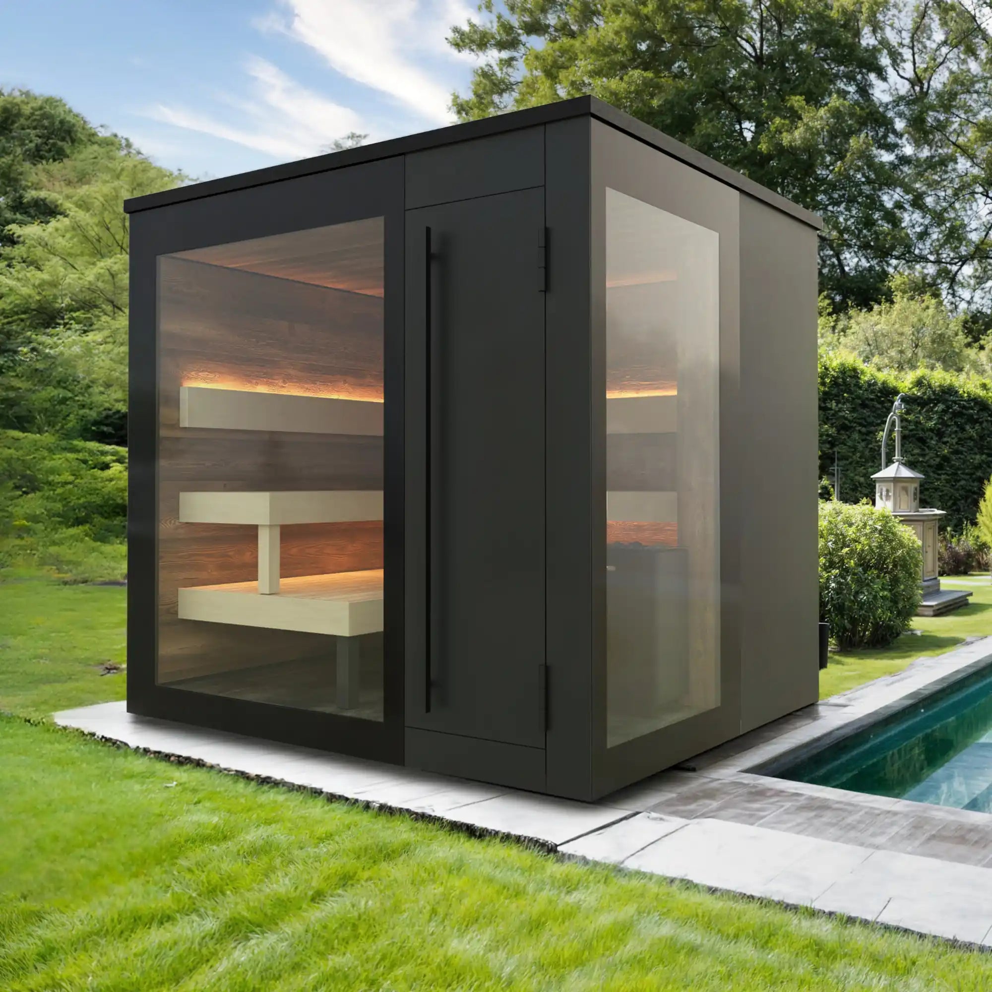 Gartensauna Chalet mit hochwertiger Chalet-Fichte in Altholzoptik, Isolierverglasung, App-Steuerung, LED-Beleuchtung und Thermo-Espe-Bänken – AZURA SPA & LIVING