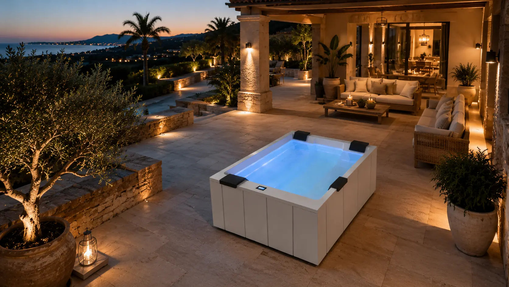 Der Design Whirlpool Magnifico von Paolo Ferralli verbindet minimalistisches Design mit großzügigem Wellnesskomfort für bis zu sechs Personen. Mit vier Sitzplätzen und zwei Liegeplätzen bietet er viel Platz für entspannte Stunden im Garten oder auf der Terrasse. Die versteckten Massagedüsen, die elegante Linienbeleuchtung und die hochwertige Bianco Lucido Verkleidung verleihen dem Whirlpool eine zeitlose Optik und machen ihn zum stilvollen Mittelpunkt jedes Outdoorbereichs.
