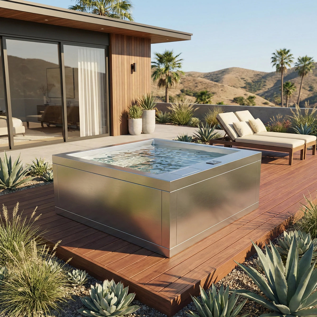 Edelstahl Whirlpool EMBER von Casa Blui aus V4A Edelstahl mit minimalistischem Design für exklusive Terrassen und Außenbereiche