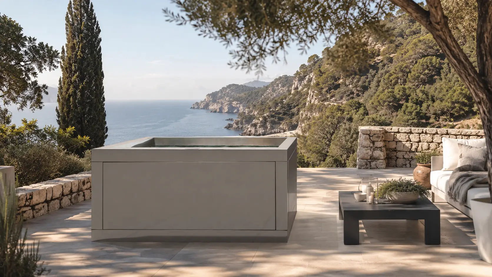 Edelstahl Whirlpool Inoxidable für bis zu 8 Personen mit Salzwasser Option, V4A Edelstahl und modernem Wellnesskomfort für Garten und Terrasse.
