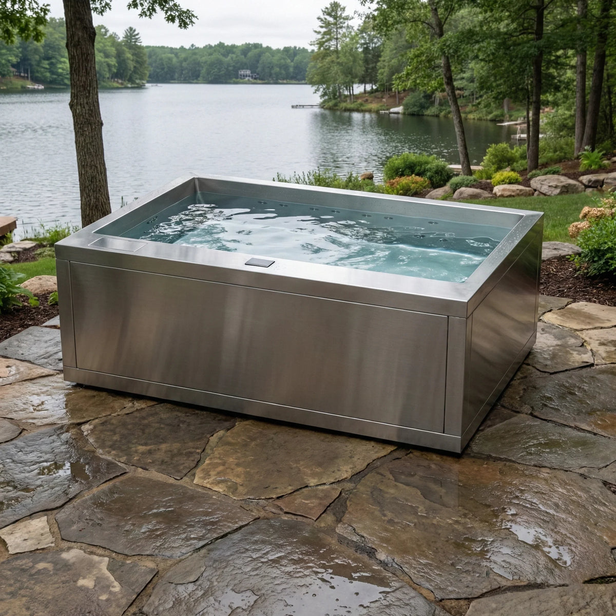 MIRAGE ist ein exklusiver Edelstahl Whirlpool für bis zu 8 Personen. Minimalistisches Design, V4A Edelstahl und hochwertige Spa Technik für Mallorca