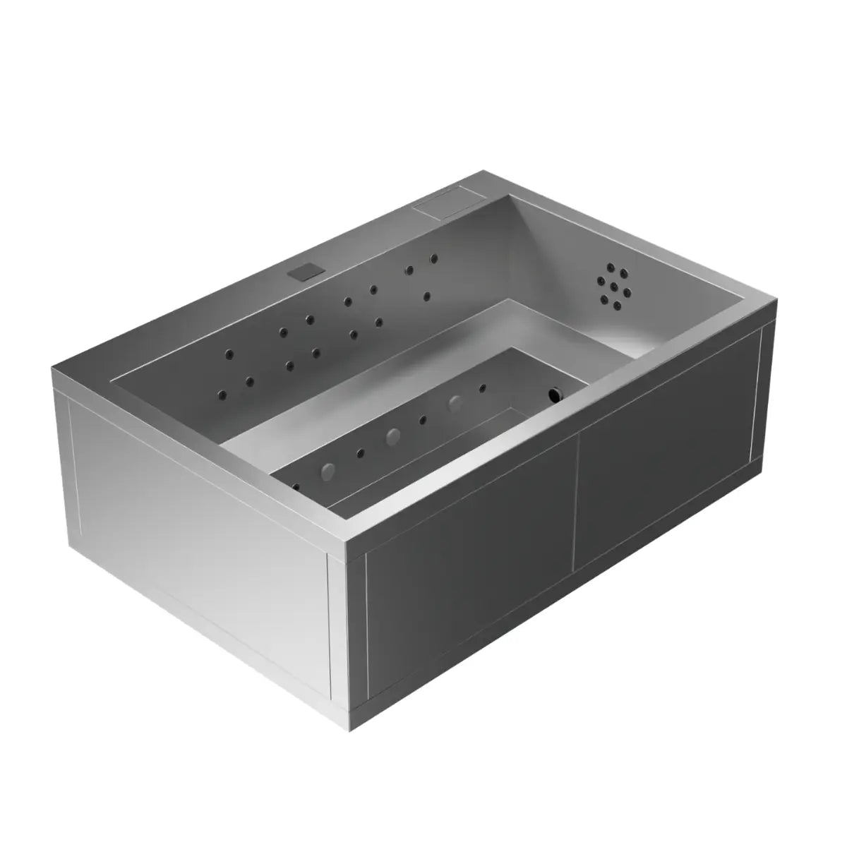 MIRAGE ist ein exklusiver Edelstahl Whirlpool für bis zu 8 Personen. Minimalistisches Design, V4A Edelstahl und hochwertige Spa Technik für Mallorca