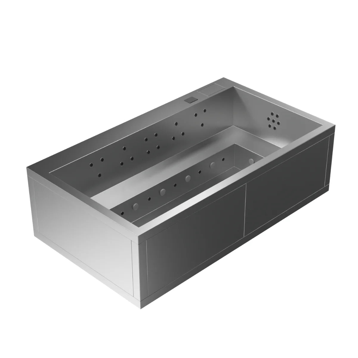 ONYX ist ein exklusiver Edelstahl Whirlpool für bis zu 10 Personen. V4A Edelstahl, minimalistisches Design und hochwertige Spa Technik für Garten und Terrasse.