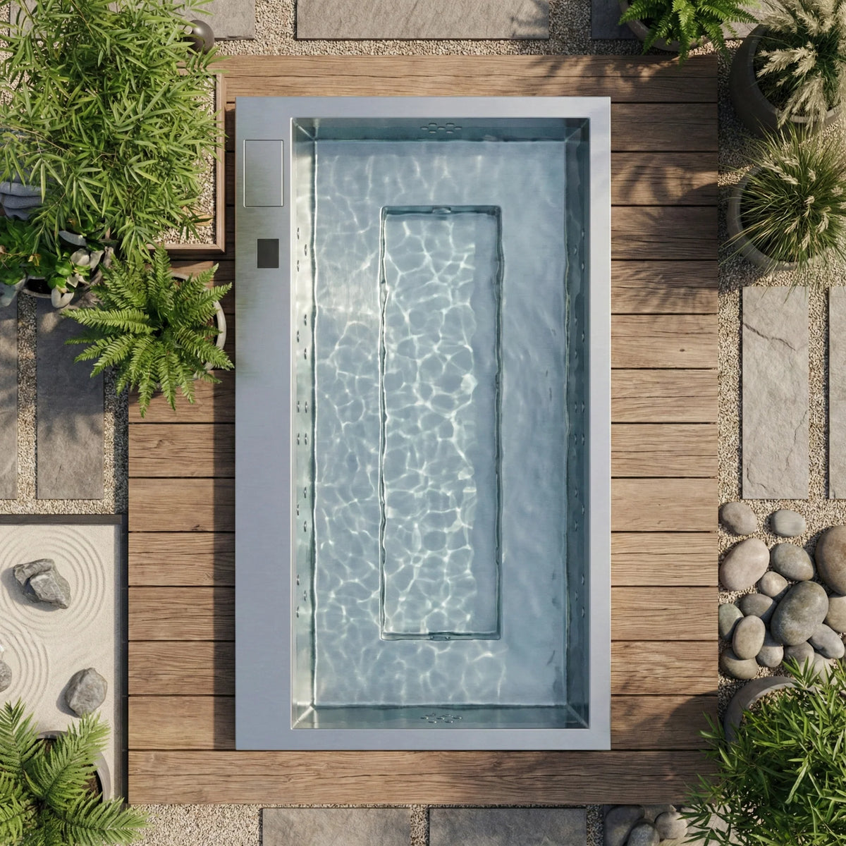 ONYX ist ein exklusiver Edelstahl Whirlpool für bis zu 10 Personen. V4A Edelstahl, minimalistisches Design und hochwertige Spa Technik für Garten und Terrasse.
