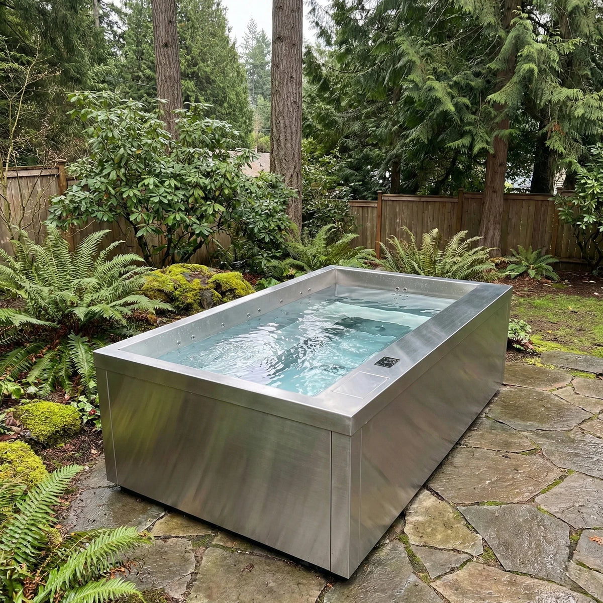 ONYX ist ein exklusiver Edelstahl Whirlpool für bis zu 10 Personen. V4A Edelstahl, minimalistisches Design und hochwertige Spa Technik für Garten und Terrasse.