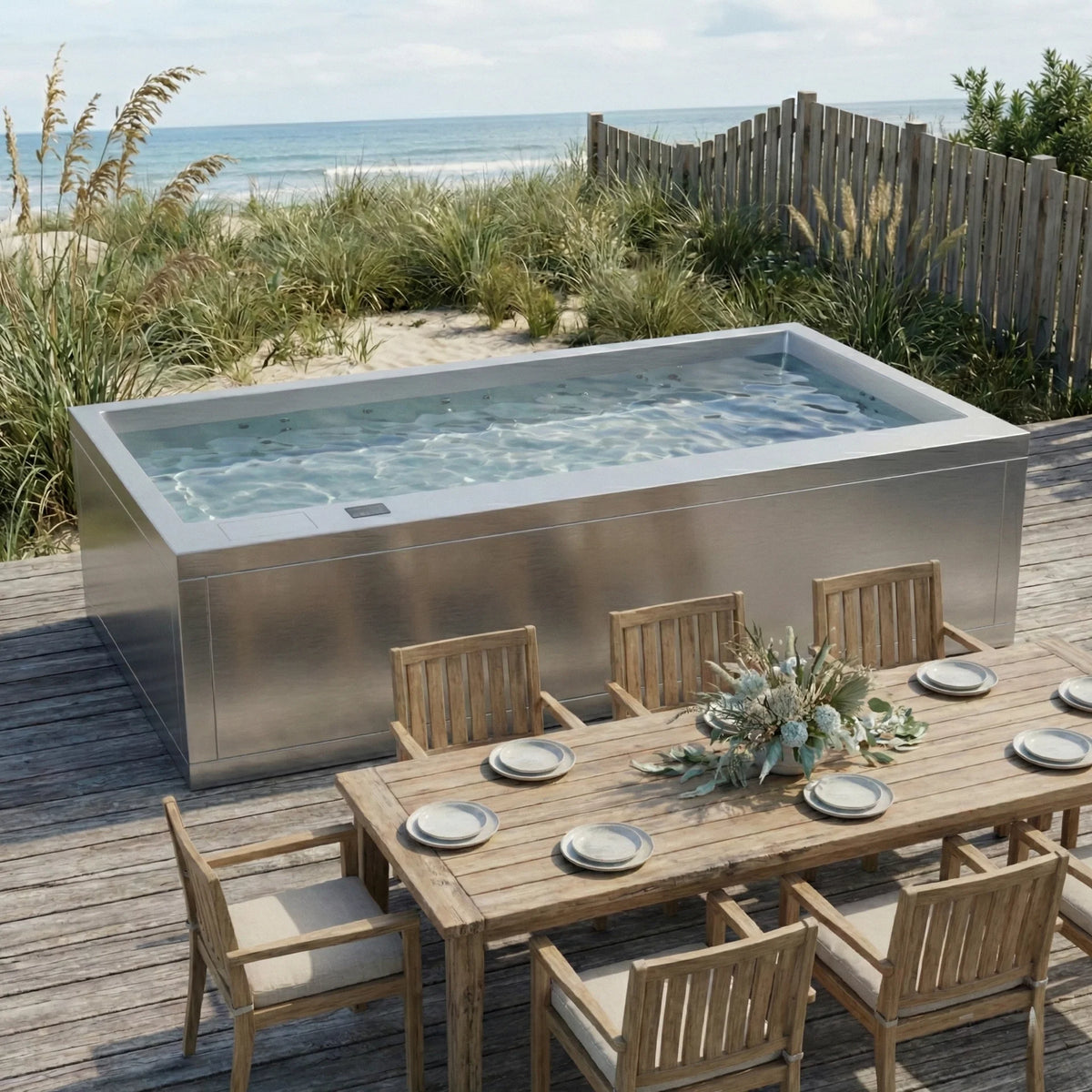 ONYX ist ein exklusiver Edelstahl Whirlpool für bis zu 10 Personen. V4A Edelstahl, minimalistisches Design und hochwertige Spa Technik für Garten und Terrasse.
