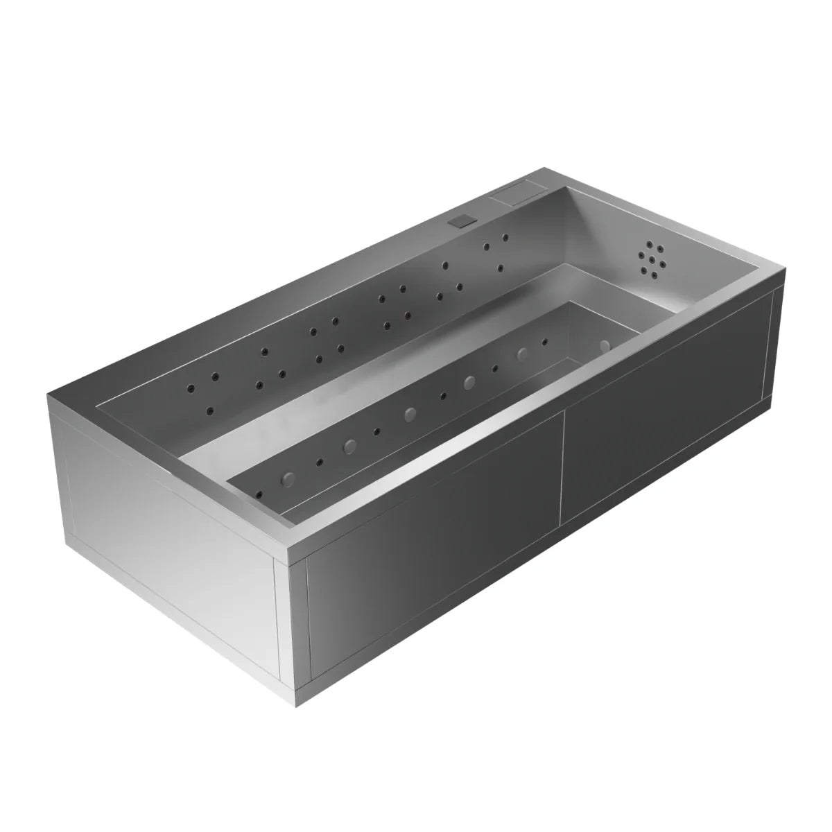 ZENITH ist ein exklusiver Edelstahl Whirlpool für bis zu 12 Personen. V4A Edelstahl, minimalistisches Design und hochwertige Spa Technik für Garten und Terrasse.