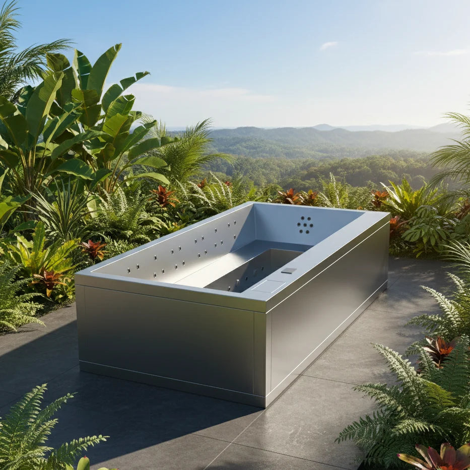 ZENITH ist ein exklusiver Edelstahl Whirlpool für bis zu 12 Personen. V4A Edelstahl, minimalistisches Design und hochwertige Spa Technik für Garten und Terrasse.