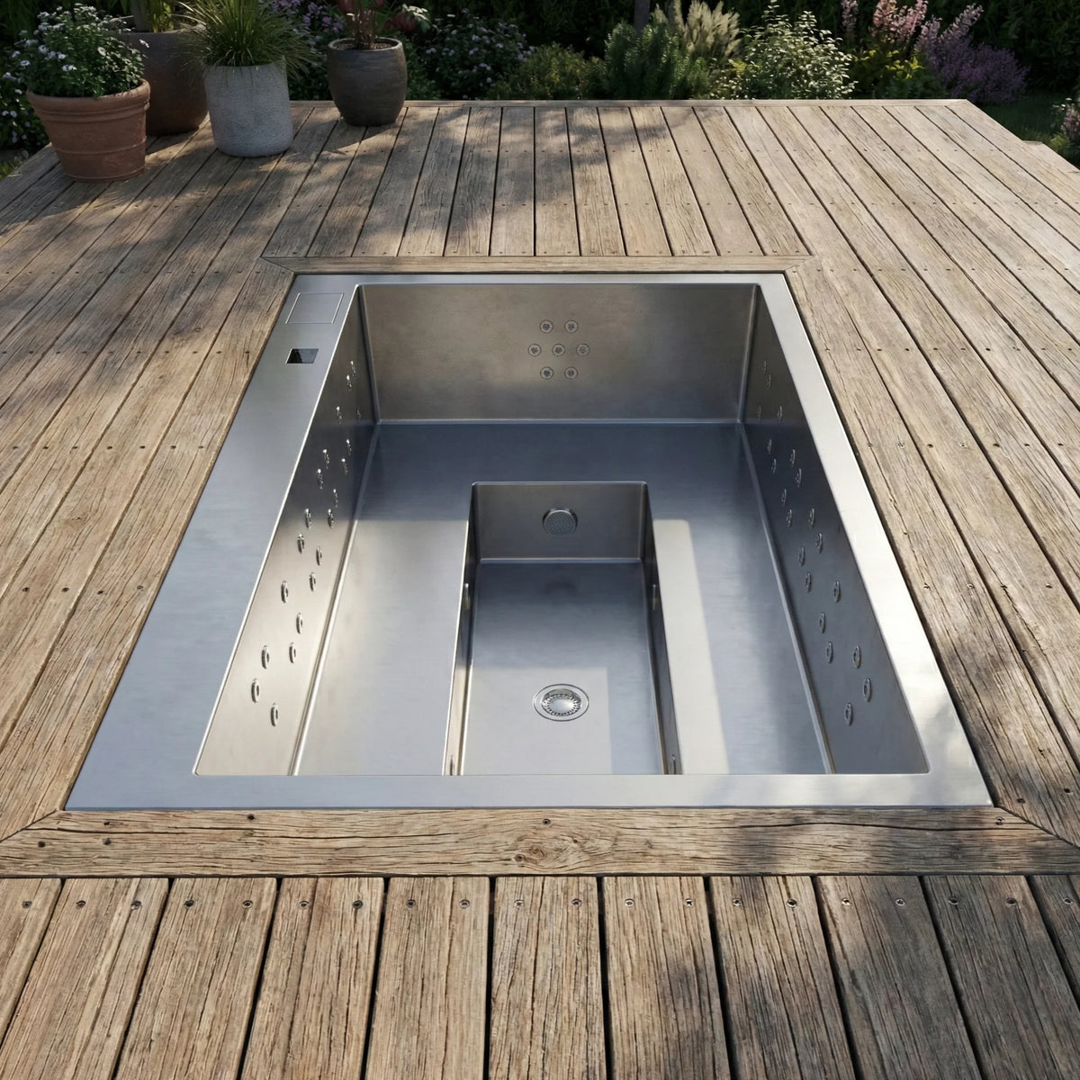 ZENITH ist ein exklusiver Edelstahl Whirlpool für bis zu 12 Personen. V4A Edelstahl, minimalistisches Design und hochwertige Spa Technik für Garten und Terrasse.