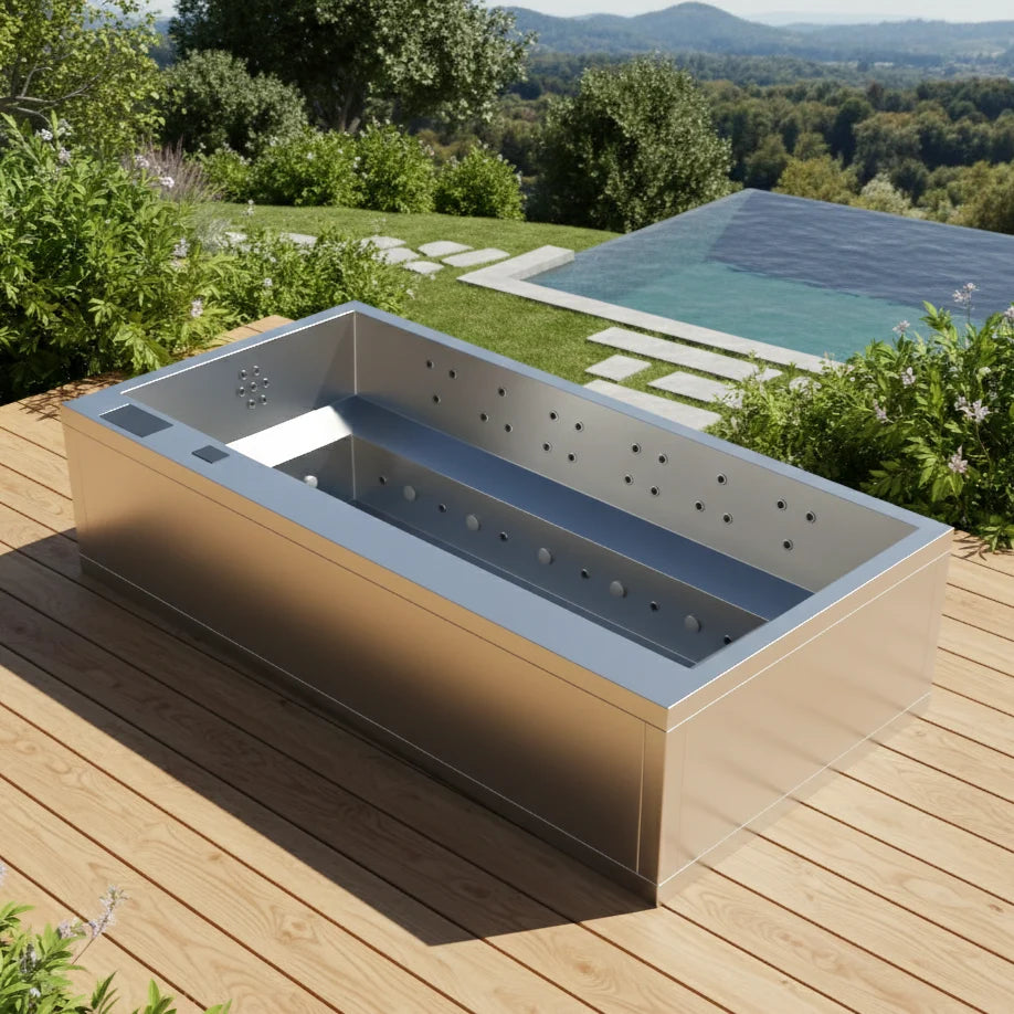ZENITH ist ein exklusiver Edelstahl Whirlpool für bis zu 12 Personen. V4A Edelstahl, minimalistisches Design und hochwertige Spa Technik für Garten und Terrasse.