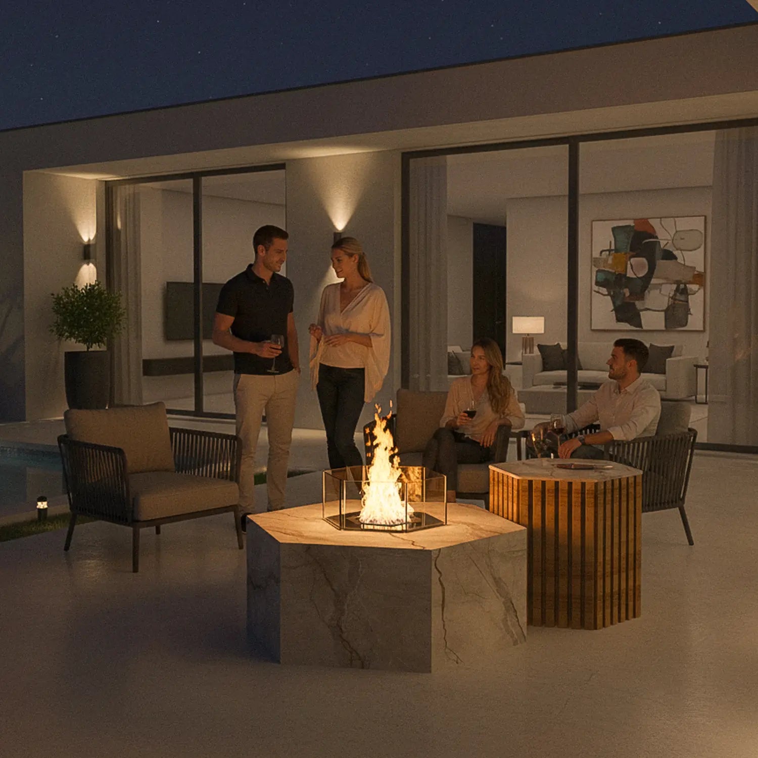 Die Feuerstelle Hexty verbindet sechseckiges Design mit hochwertigen Keramikoberflächen und individuell wählbaren Metallfarben – ideal für exklusive Terrassen, Gärten und Poolbereiche.