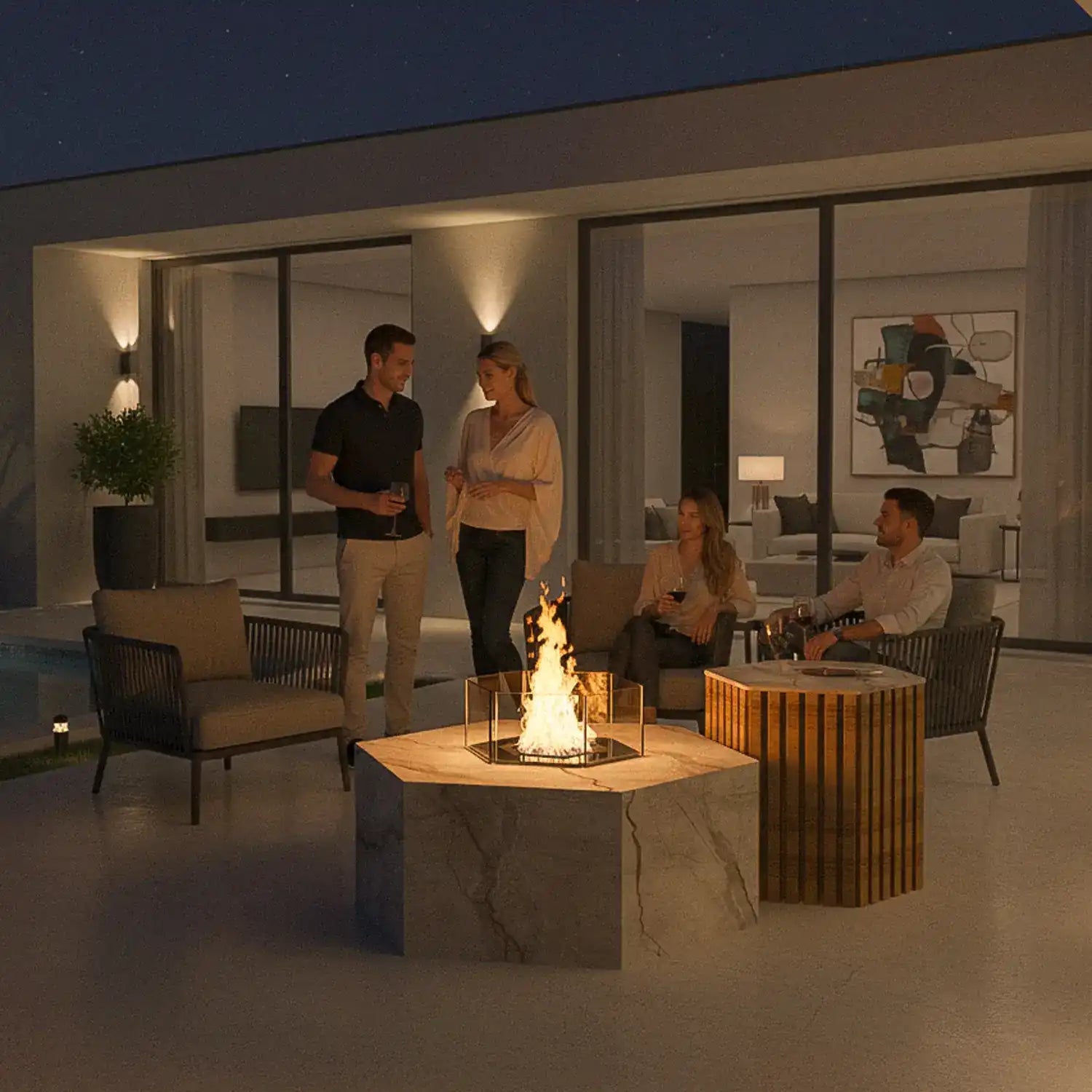 Die Feuerstelle Hexty verbindet sechseckiges Design mit hochwertigen Keramikoberflächen und individuell wählbaren Metallfarben – ideal für exklusive Terrassen, Gärten und Poolbereiche.