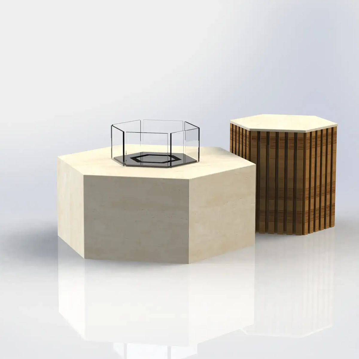 Die Feuerstelle Hexty verbindet sechseckiges Design mit hochwertigen Keramikoberflächen und individuell wählbaren Metallfarben – ideal für exklusive Terrassen, Gärten und Poolbereiche.