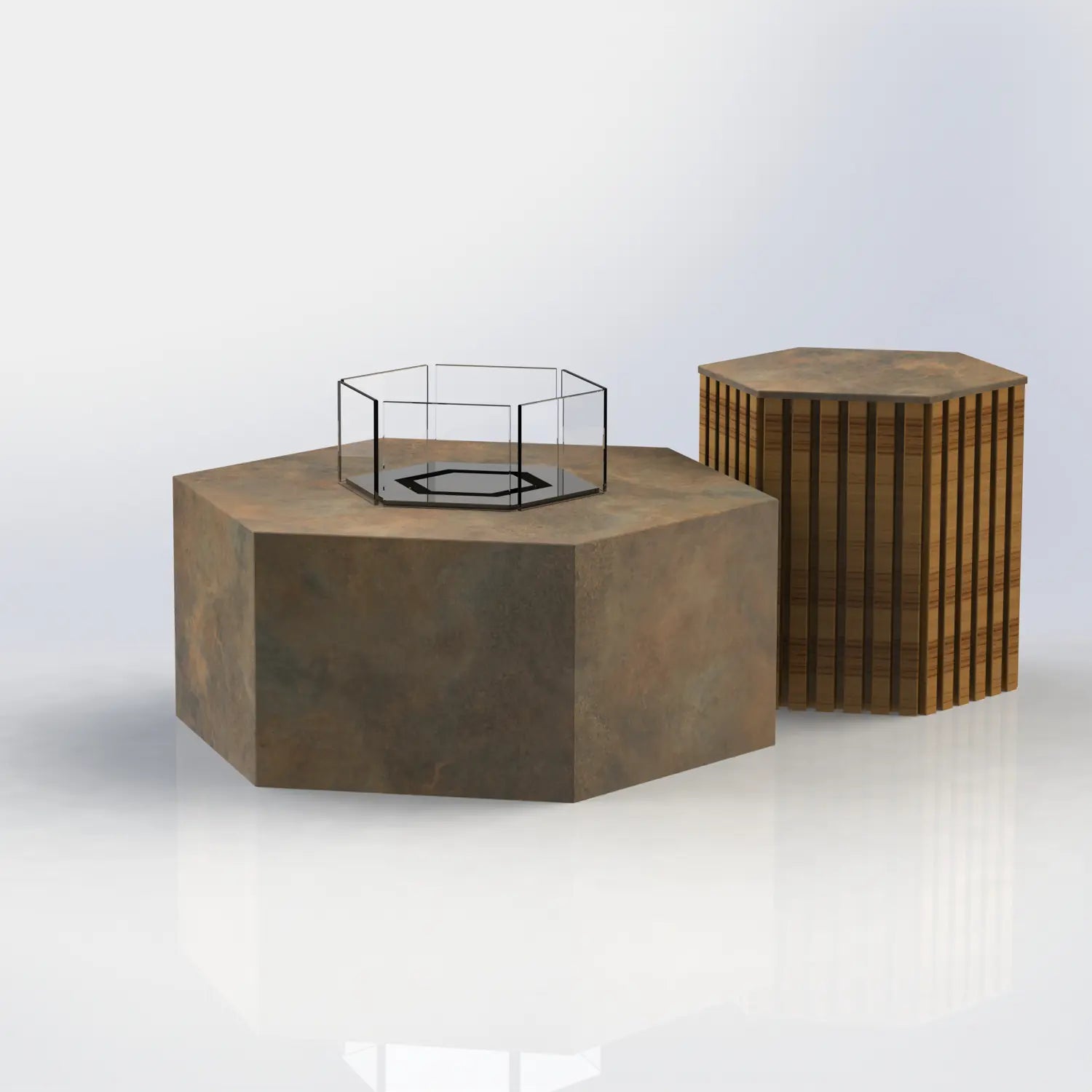 Die Feuerstelle Hexty verbindet sechseckiges Design mit hochwertigen Keramikoberflächen und individuell wählbaren Metallfarben – ideal für exklusive Terrassen, Gärten und Poolbereiche.