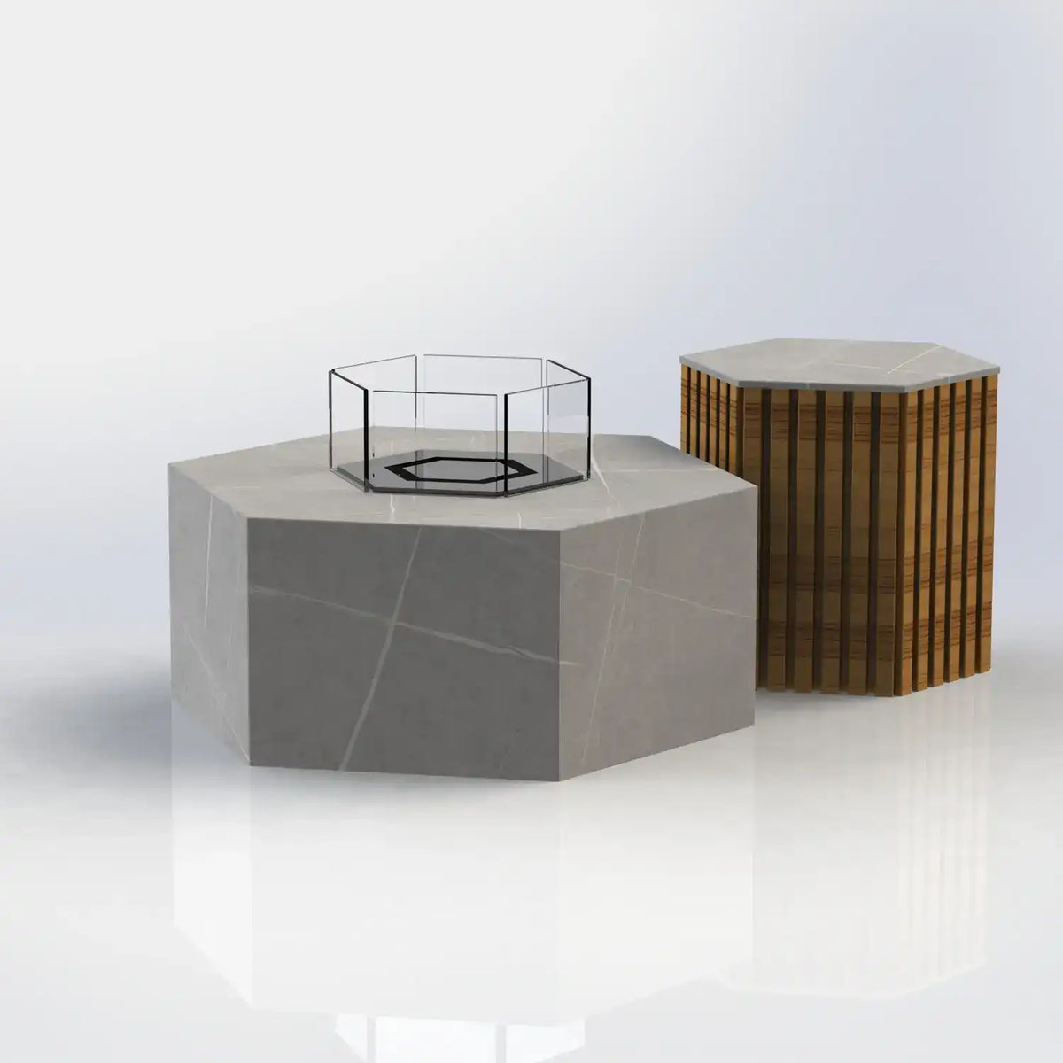 Die Feuerstelle Hexty verbindet sechseckiges Design mit hochwertigen Keramikoberflächen und individuell wählbaren Metallfarben – ideal für exklusive Terrassen, Gärten und Poolbereiche.