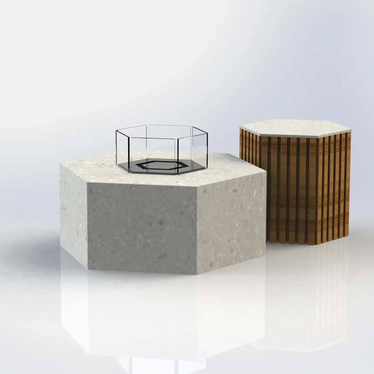 Die Feuerstelle Hexty verbindet sechseckiges Design mit hochwertigen Keramikoberflächen und individuell wählbaren Metallfarben – ideal für exklusive Terrassen, Gärten und Poolbereiche.