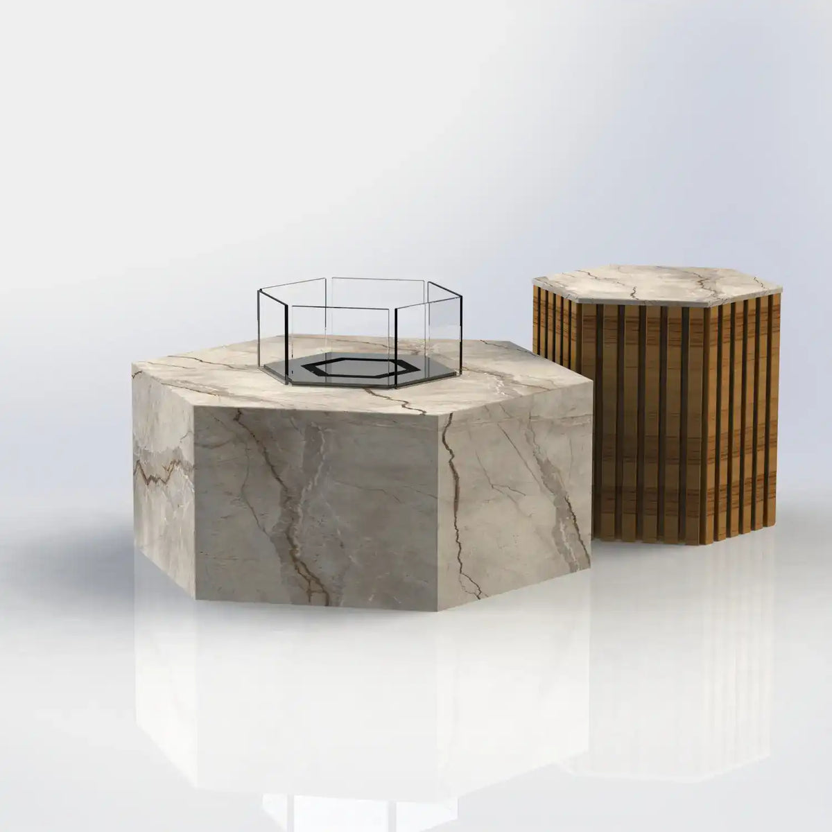 Die Feuerstelle Hexty verbindet sechseckiges Design mit hochwertigen Keramikoberflächen und individuell wählbaren Metallfarben – ideal für exklusive Terrassen, Gärten und Poolbereiche.