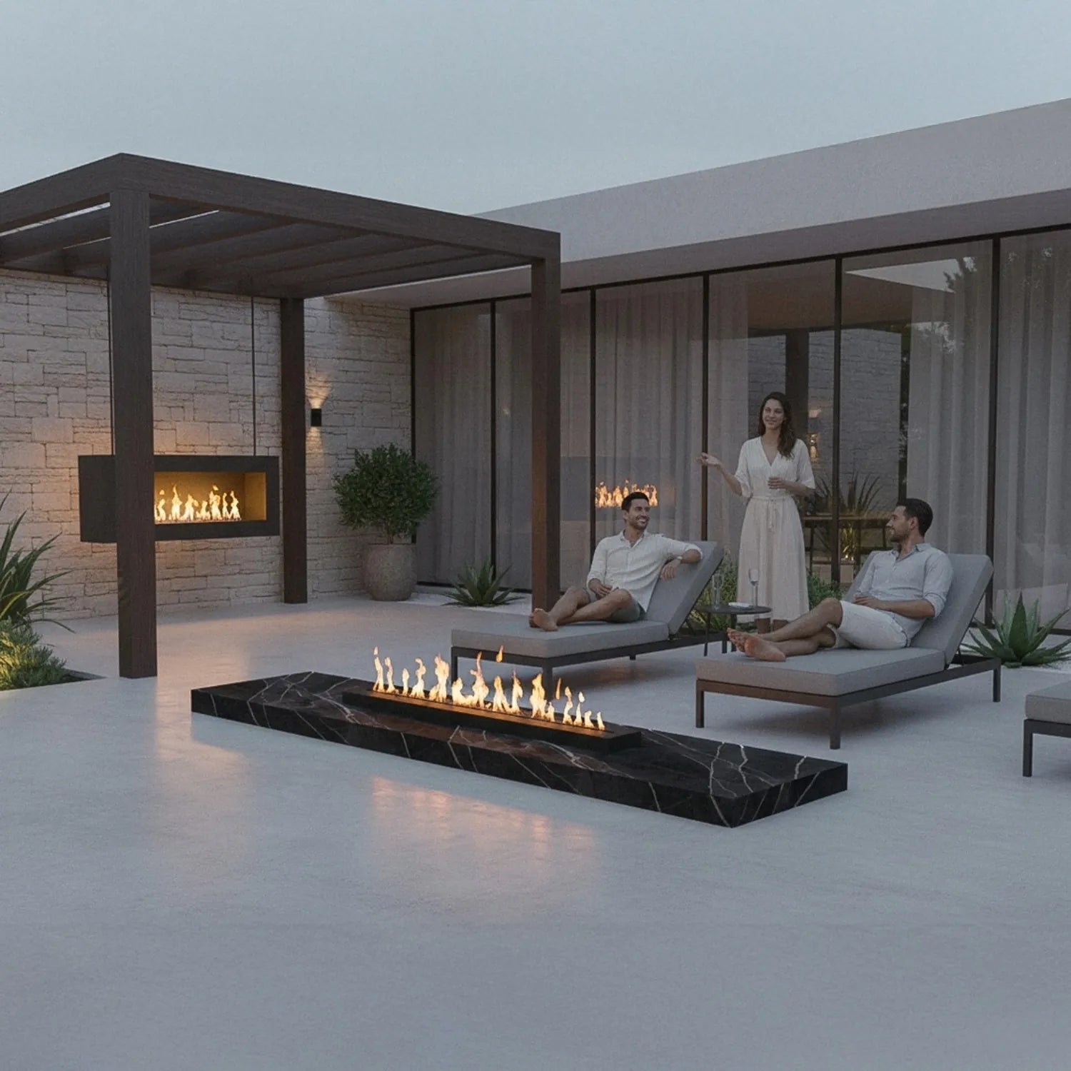 Moderne Design Feuerstelle Nuru für exklusive Terrassen und Gärten mit langer Feuerlinie, hochwertiger Keramikoberfläche und individuell konfigurierbarer Metallunterkonstruktion.