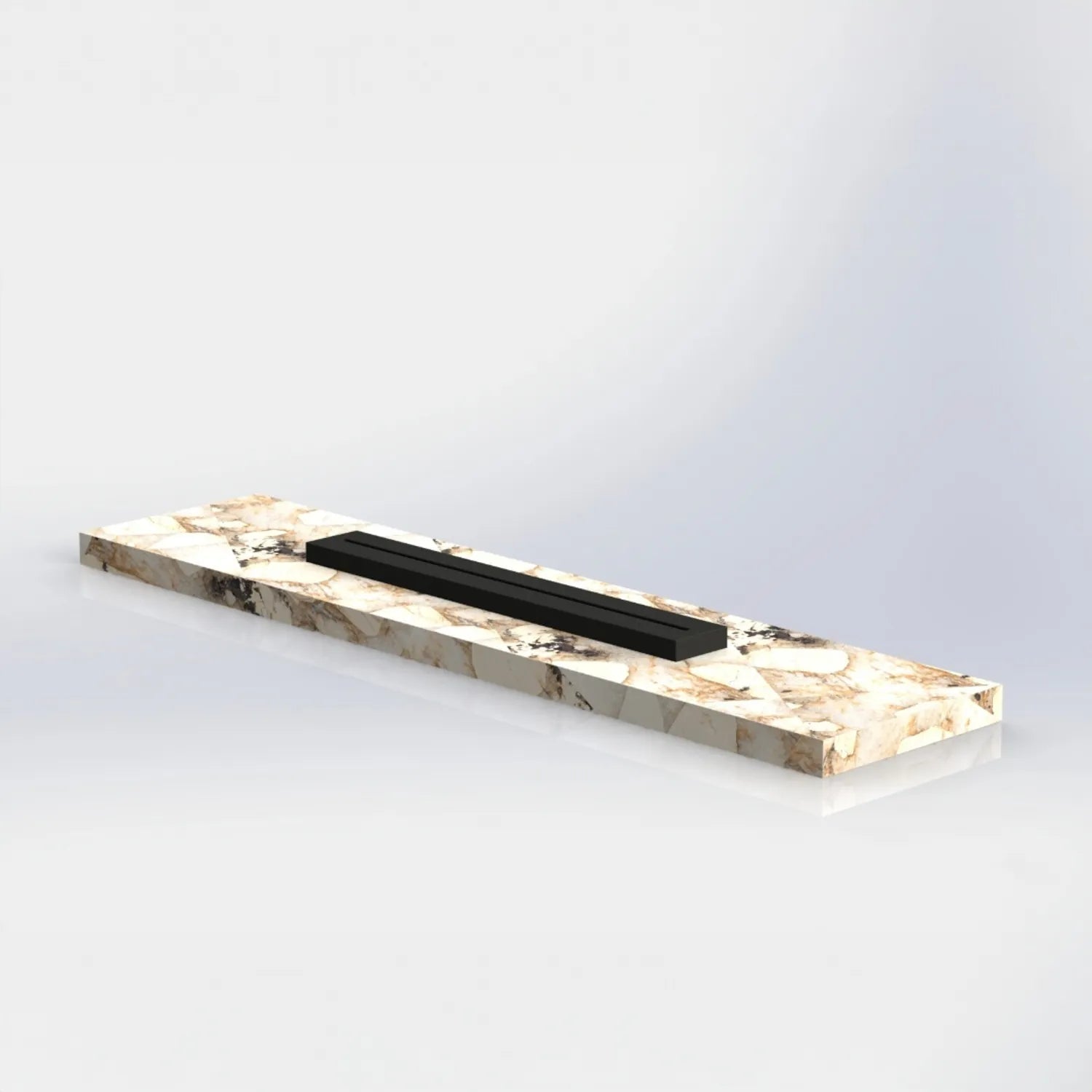 Moderne Design Feuerstelle Nuru für exklusive Terrassen und Gärten mit langer Feuerlinie, hochwertiger Keramikoberfläche und individuell konfigurierbarer Metallunterkonstruktion.