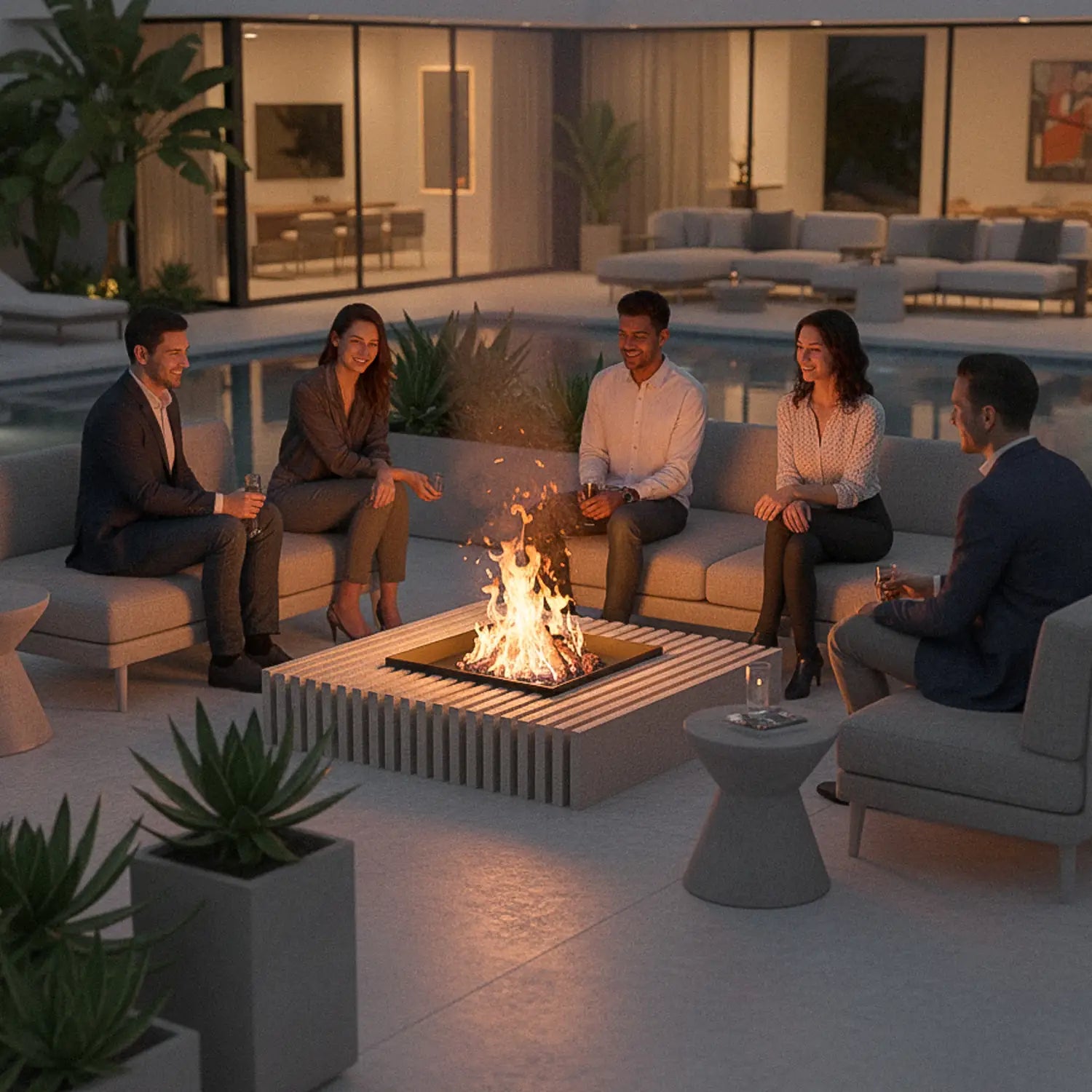 Feuerstelle Linee aus Naturstein auf moderner Terrasse mit Pool