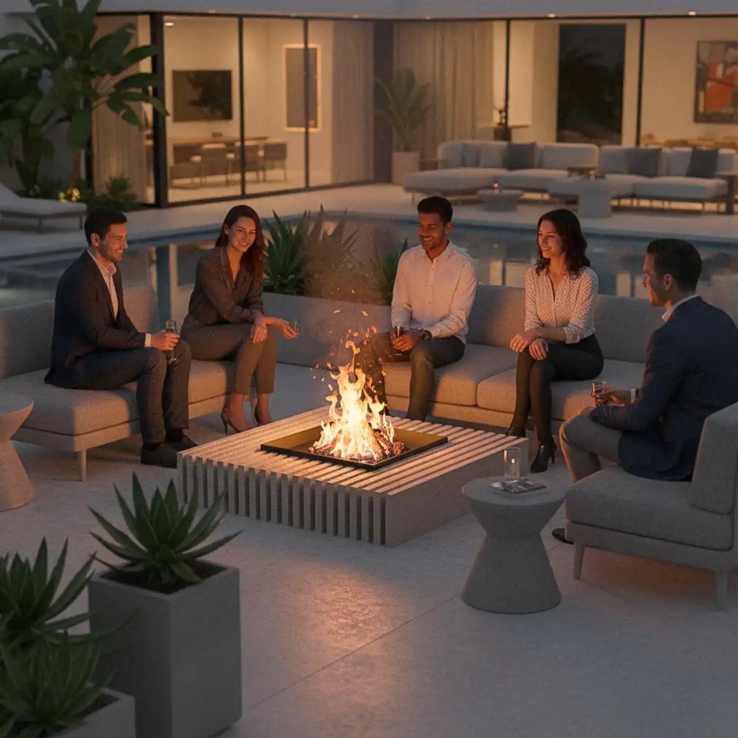 Feuerstelle Linee aus Naturstein auf moderner Terrasse mit Pool