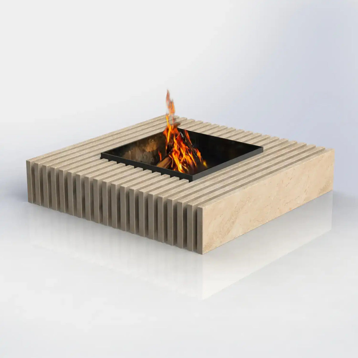 Feuerstelle Linee aus Naturstein auf moderner Terrasse mit Pool