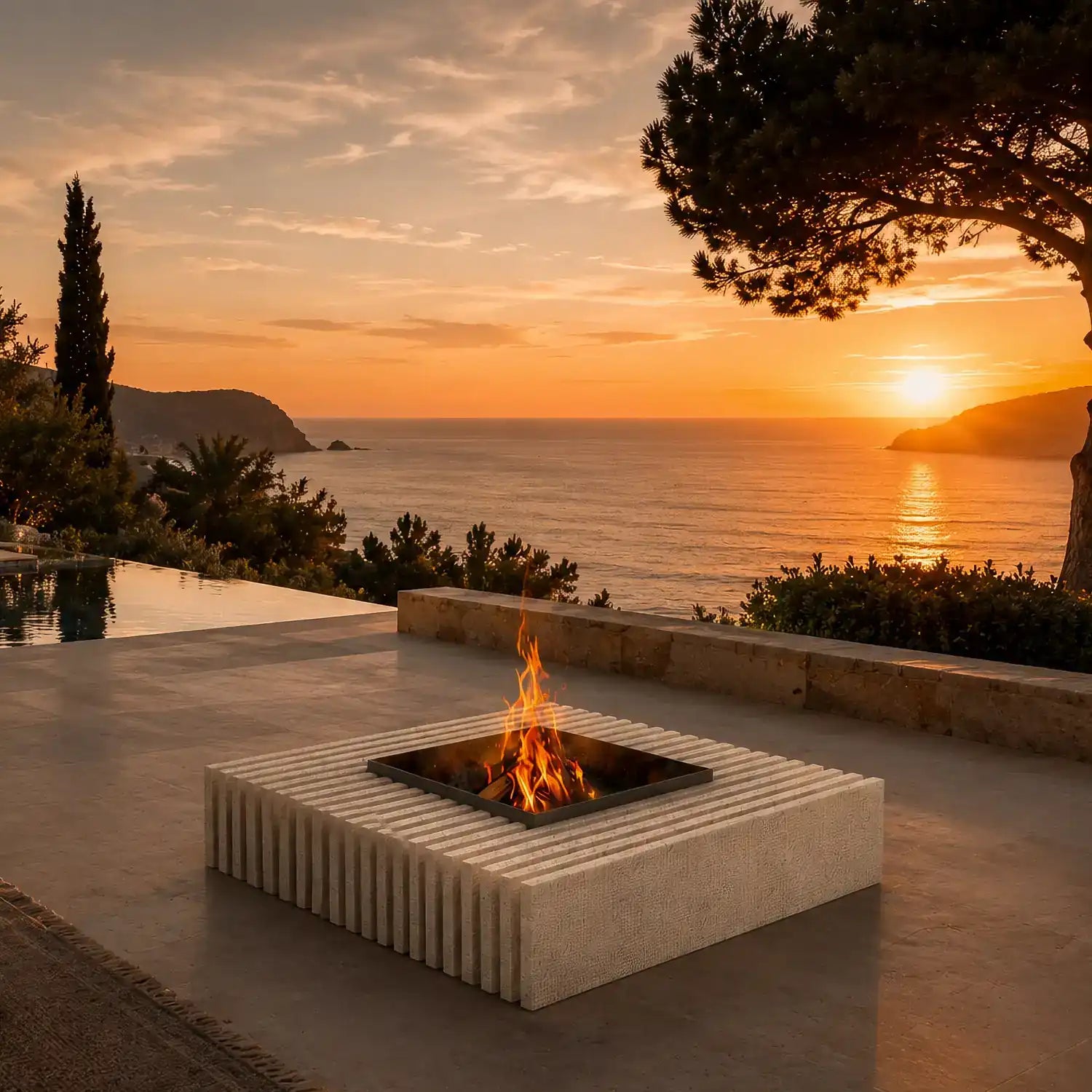Feuerstelle Linee aus Naturstein auf moderner Terrasse mit Pool