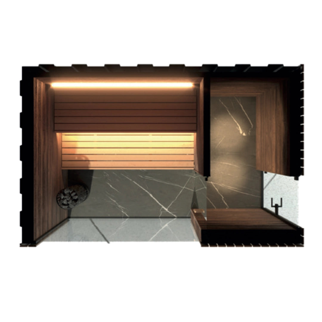 Gartensauna Meo Two mit integriertem Vorraum und moderner Fassadengestaltung im Außenbereich