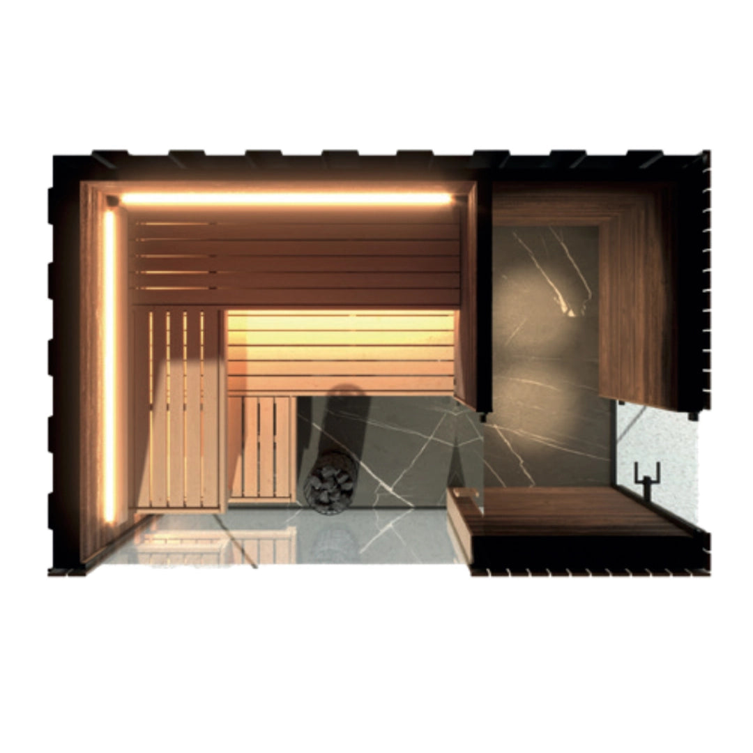 Gartensauna Meo Two mit integriertem Vorraum und moderner Fassadengestaltung im Außenbereich