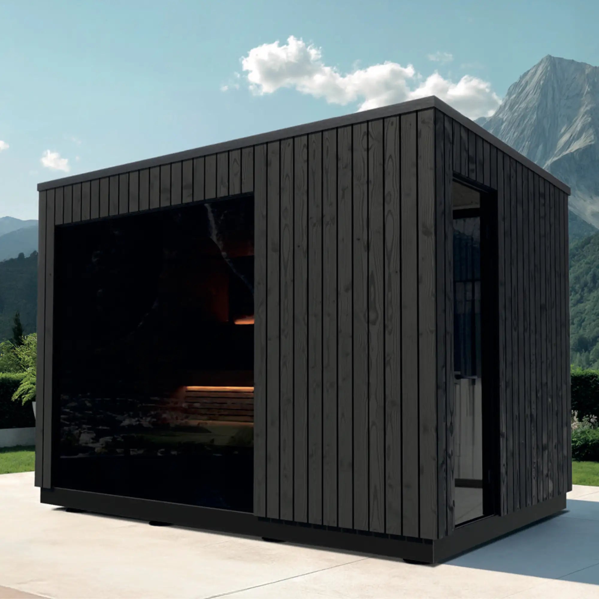 Gartensauna Meo Two mit integriertem Vorraum und moderner Fassadengestaltung im Außenbereich