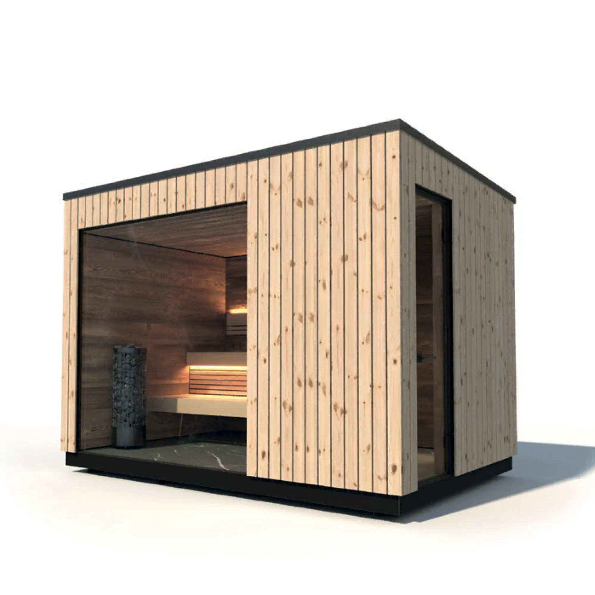 Gartensauna Meo Two mit integriertem Vorraum und moderner Fassadengestaltung im Außenbereich