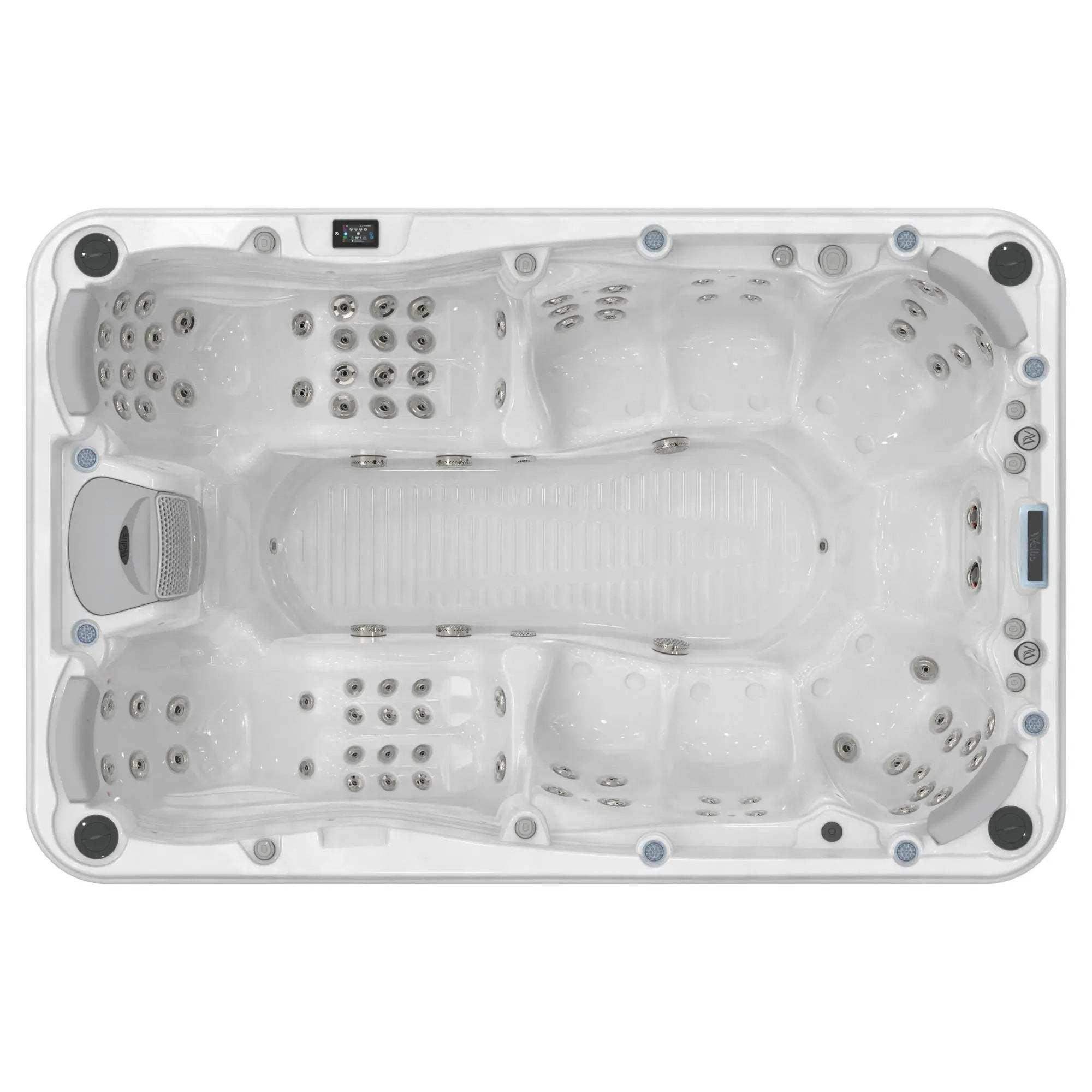 Whirlpool „Olympus Life” von Wellis verfügt über 9 Sitze, 88 Düsen, WLAN, LED-Lichter, Lichtdüsen, Soundsystem, SmartTouch Bedienfeld und ein Rollcover.