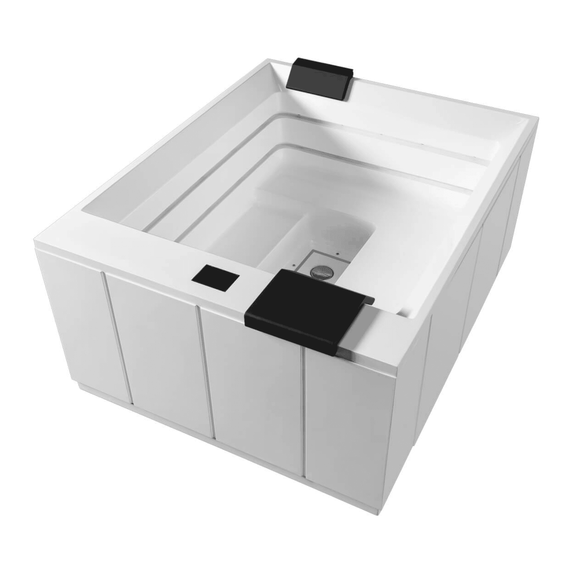 Whirlpool Minimalista von Paolo Ferralli - eleganter Minipool mit weißer Hochglanzverkleidung in moderner Outdoor-Umgebung auf den Balearen