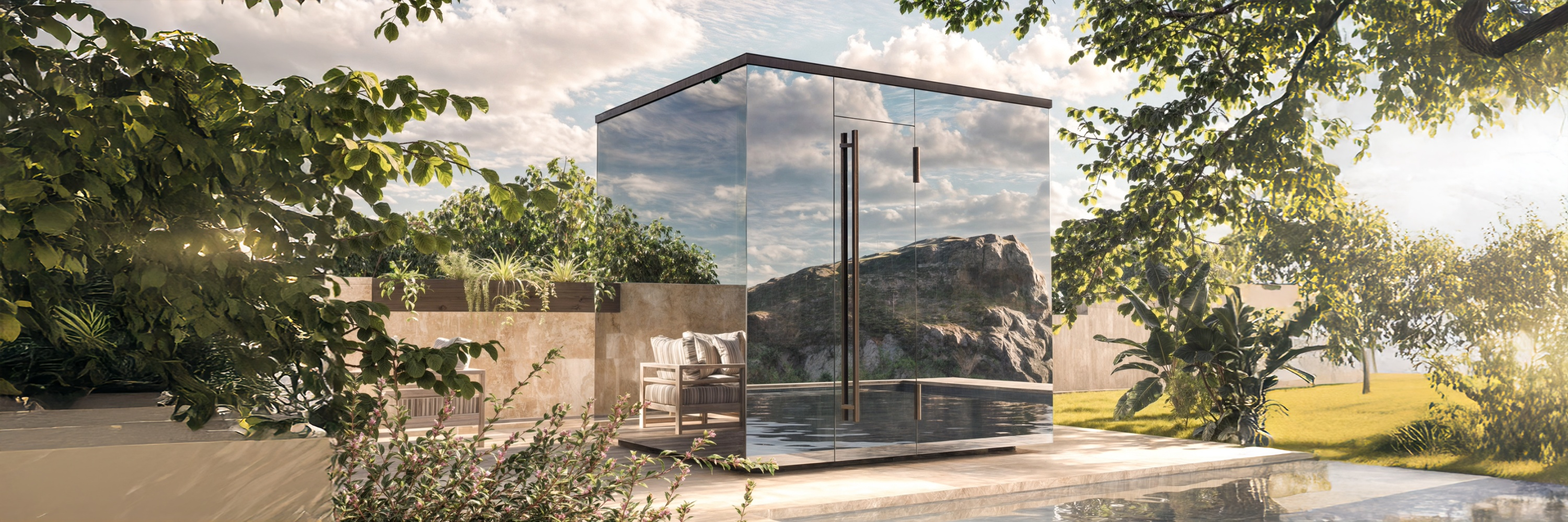 Design Sauna für den Garten mit moderner Architektur und Glasfront