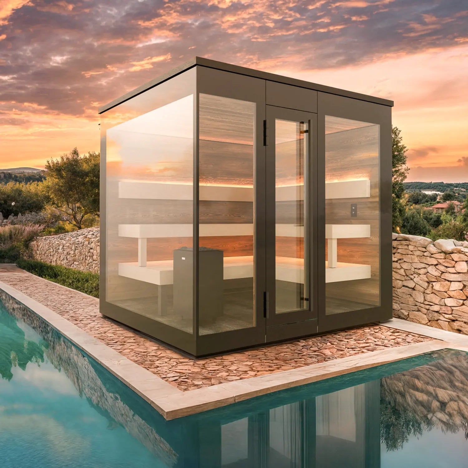 Moderne Gartensauna mit Pool
