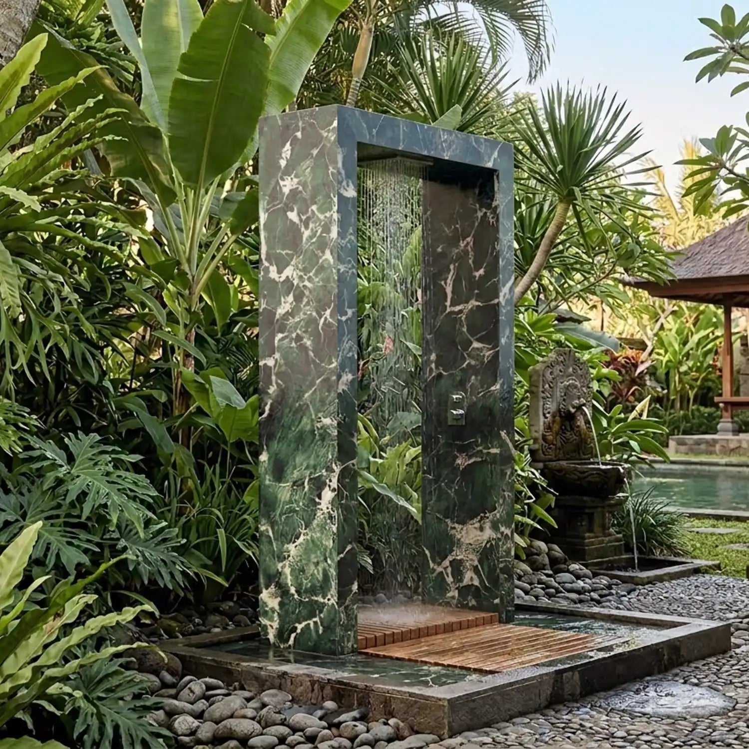 ODINO Aussendusche verbindet skulpturales Design mit einer markanten Rahmenform, die Ausblicke auf Meer, Landschaft oder Pool stilvoll in Szene setzt und sich als prägendes Designelement harmonisch in hochwertige Außenbereiche einfügt. Gefertigt in Kroatien aus Kanfanar Naturstein oder Marazzi Feinsteinzeug, lässt sich ODINO in Material, Oberfläche und Ausstattung individuell konfigurieren. Sie eignet sich für exklusive Privatgärten, Villen, Hotels sowie hochwertige Pool und Terrassenprojekte.