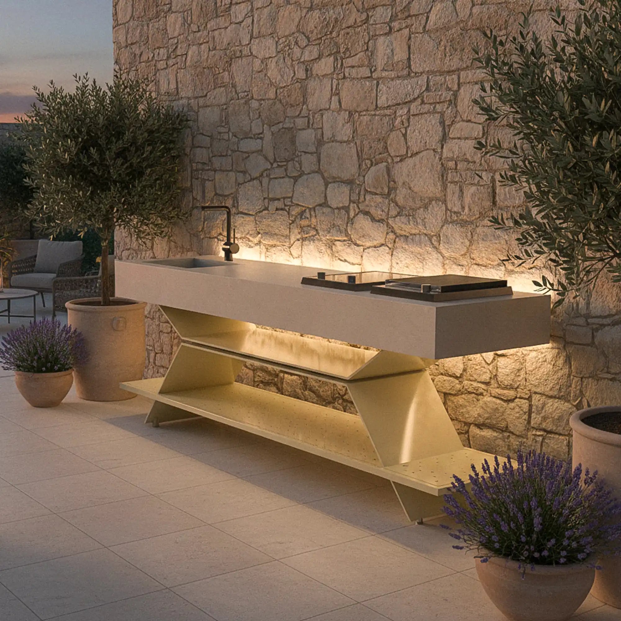 Outdoor Küche Arden von NULLO mit keramischer Arbeitsplatte und Aluminiumstruktur