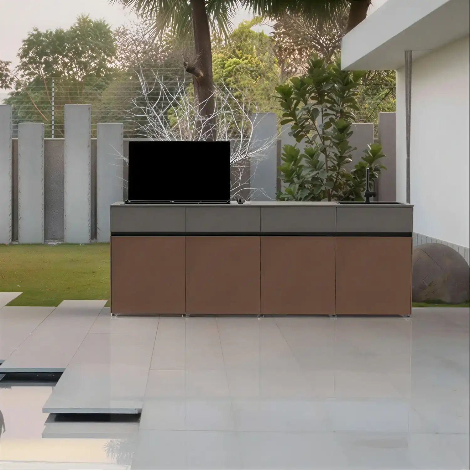 Outdoor Kueche Vertu von Nullo ist modular und aus Keramik gefertigt mit Kochfeld und Spüle