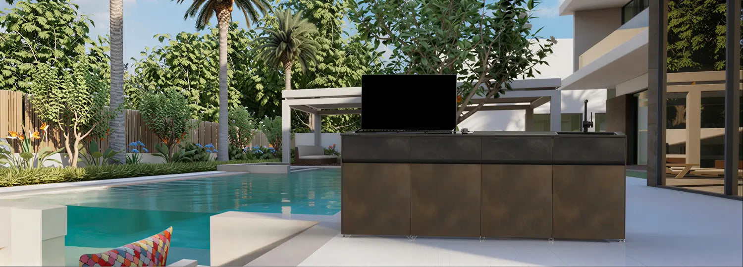 Outdoor Küche Vertu modular aus Keramik mit poolblick