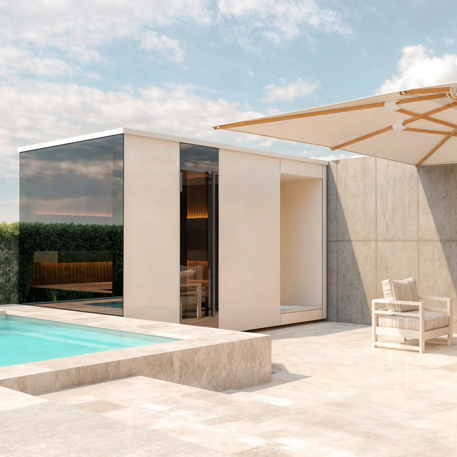 Outdoor Sauna in weiss mit Vorraum und Dusche