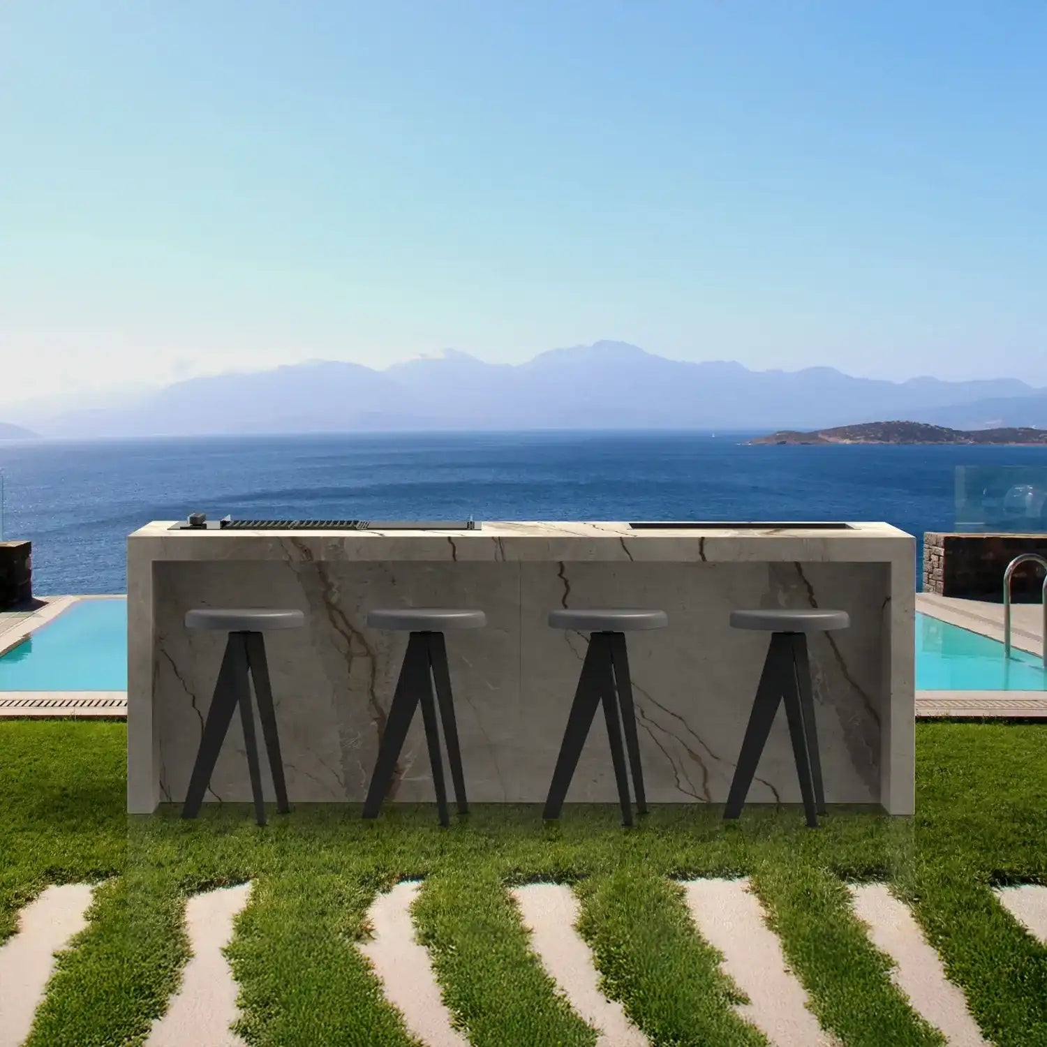 Outdoor Küche Riva auf Terrasse mit Pool und Meerblick