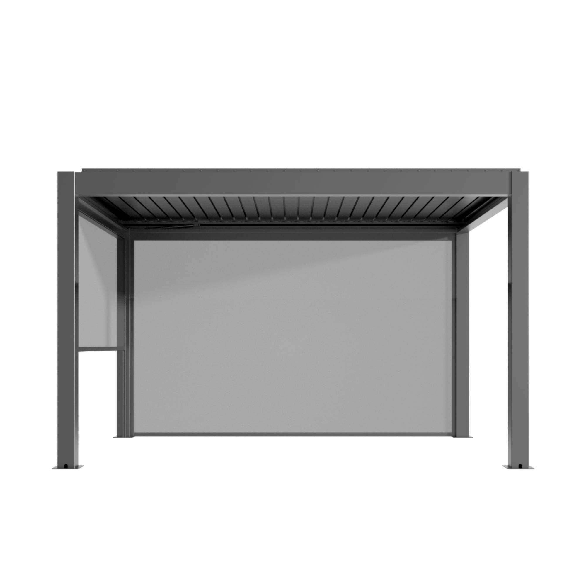 Die Pergola MotionFlex 300 von Wellis verfügt über einen Aluminiumrahmen in Mattanthrazit, elektrische Lamellen, eine integrierte LED-Beleuchtung und eine optionale Seitenbeschattung.