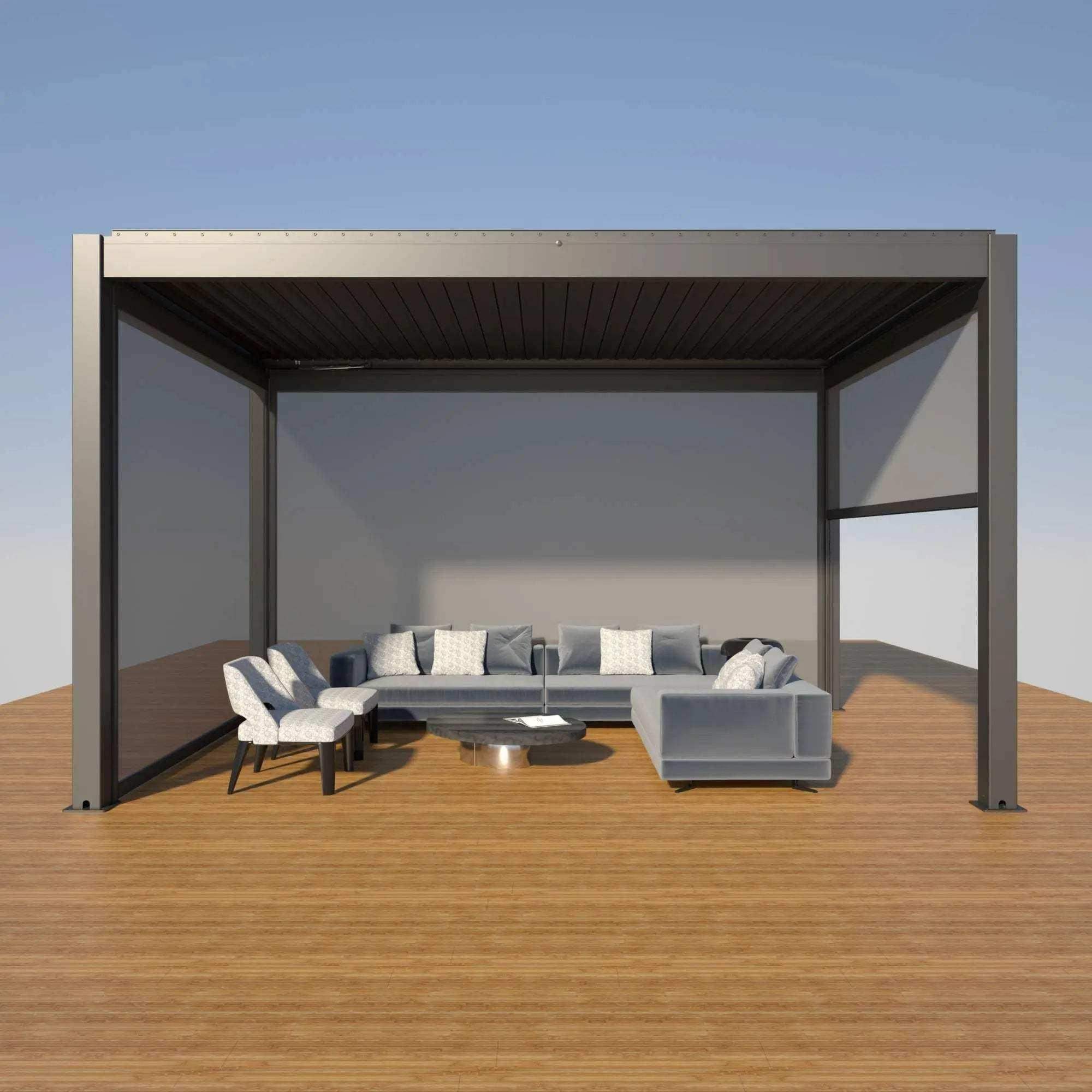 Die Pergola MotionFlex 300 von Wellis verfügt über einen Aluminiumrahmen in Mattanthrazit, elektrische Lamellen, eine integrierte LED-Beleuchtung und eine optionale Seitenbeschattung.